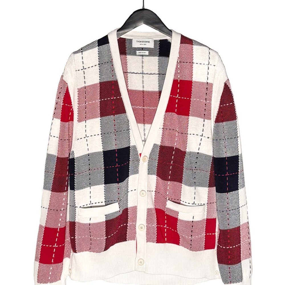 Thom Browne Tricolour Checkered White Cotton Cardigan Sweater